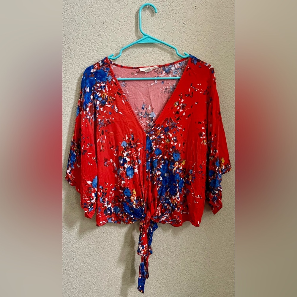 Lovestitch Red and Blue Floral Tie Front Top